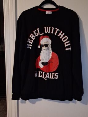 Holiday Time Black Crewneck Sweater with Red and White Santa Graphic